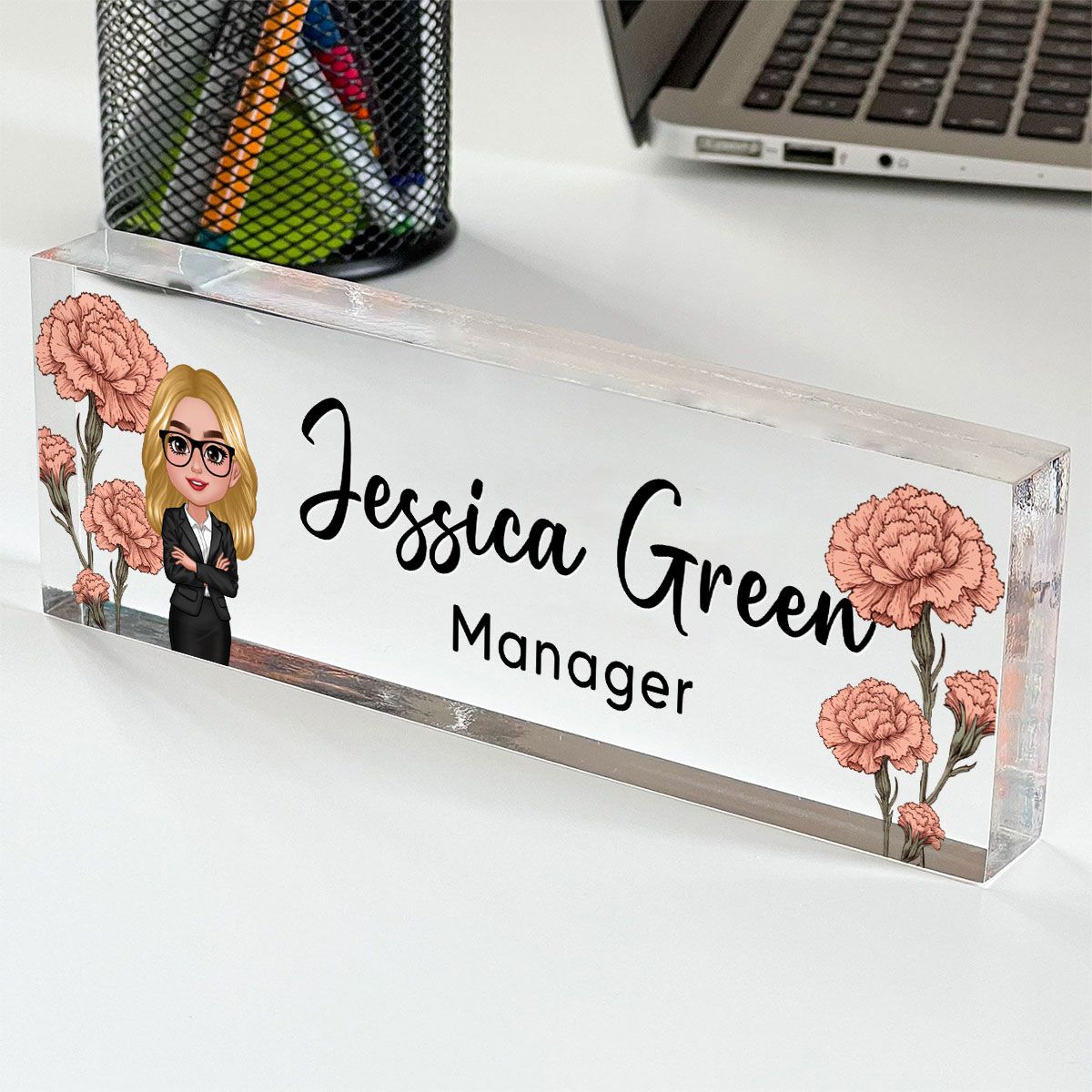 Birth Month Flowers Woman Personalized Acrylic Desk Name Plate, Office Decor, Christmas Gift For Colleagues, Boss, Office Workers, Nurse, Healthcare Workers, Police, Firefighter