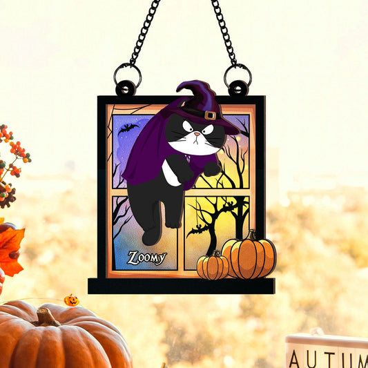 Halloween Cats Hanging On Window Personalized Suncatcher, Halloween Decor