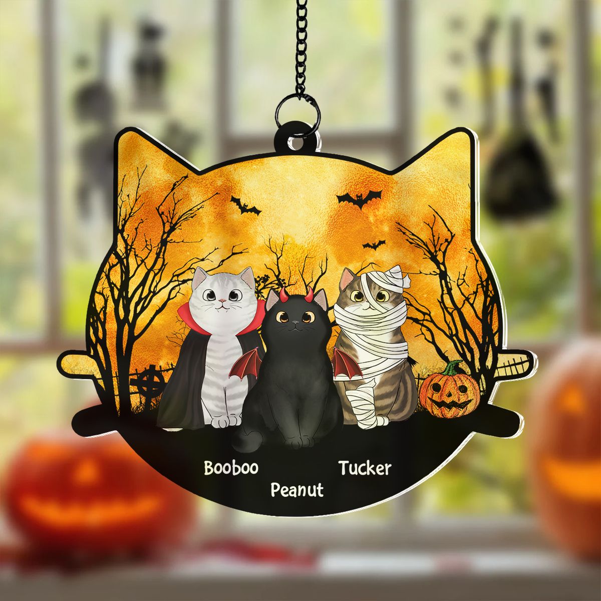 Halloween Cat Face Shaped Personalized Window Hanging Suncatcher Ornament, Halloween Decor For Cat Lovers