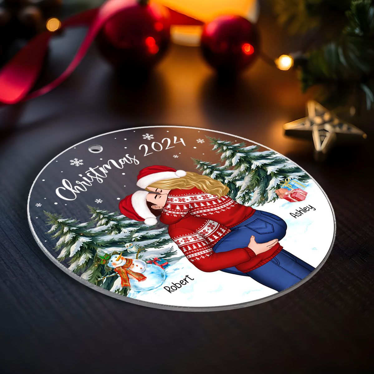 Couple Hugging In Winter Night Christmas Tree Personalized Acrylic Ornament, Christmas Gift For Him, Gift For Her