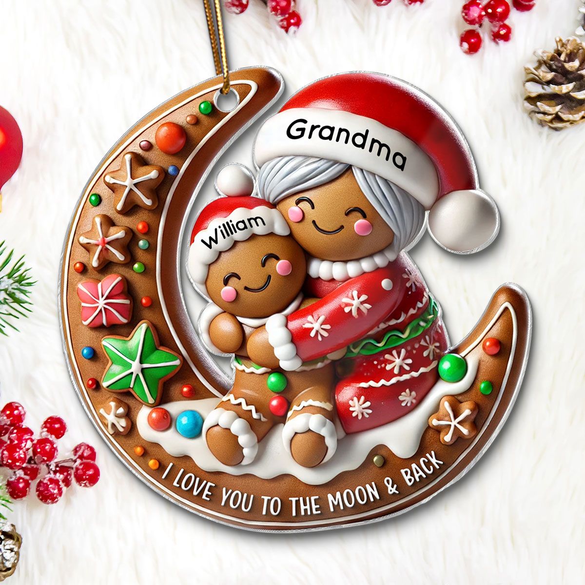 Gingerbread Grandma Hugging Grandkid On Moon Christmas Personalized Acrylic Ornament, Meaningful Gift For Granddaughter, Grandson