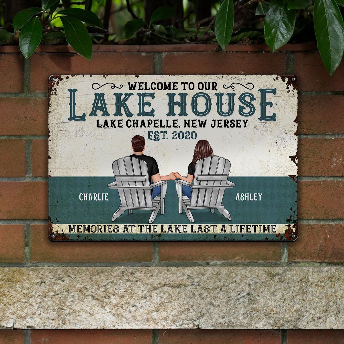 Welcome To Our Lake House Back View Couple Personalized Metal Sign