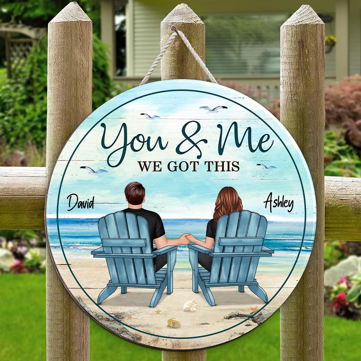 Back View Couple Sitting Beach Landscape Personalized Wood Sign