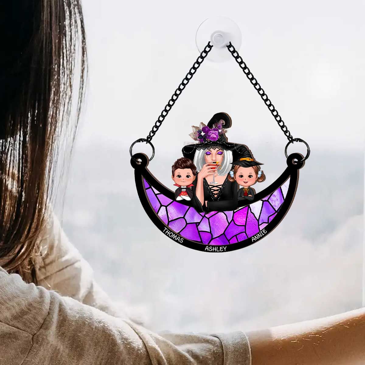 Grandma Grandkids Halloween Moon Personalized Suncatcher