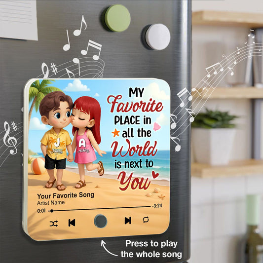 My Favorite Place in All the World is Next to You, Summer Cartoon Couple Personalized Music Fridge Magnet