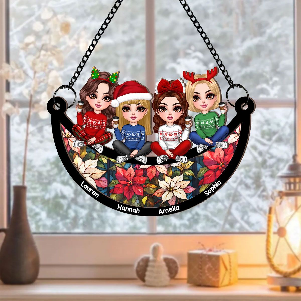 Christmas Besties Sisters Faux Stained Glass Personalized Suncatcher Ornament