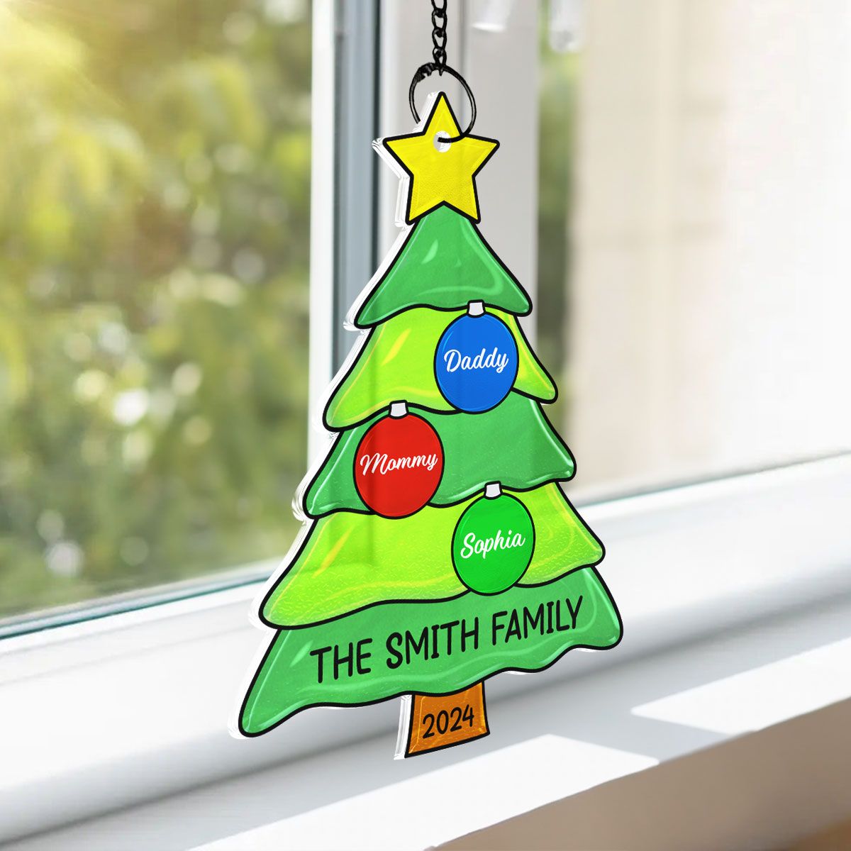 Family Christmas Tree with Jingle Bells Personalized Suncatcher, Christmas Stained Glass Decor