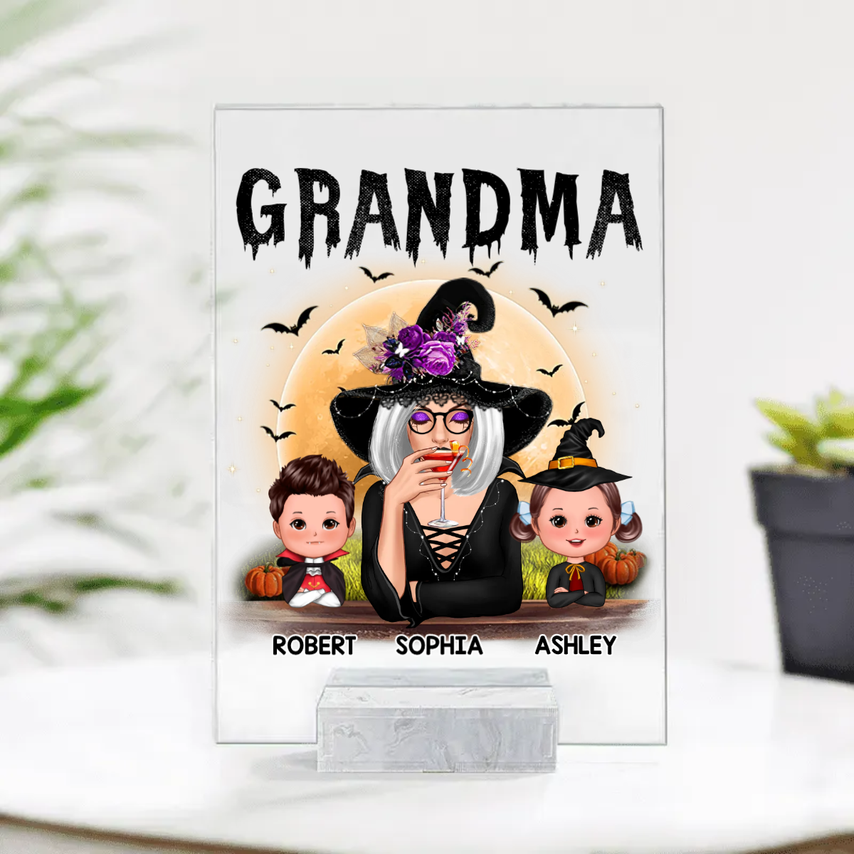 Grandma Mom Witch With GrandKids Halloween Personalized Custom Acrylic Plaque