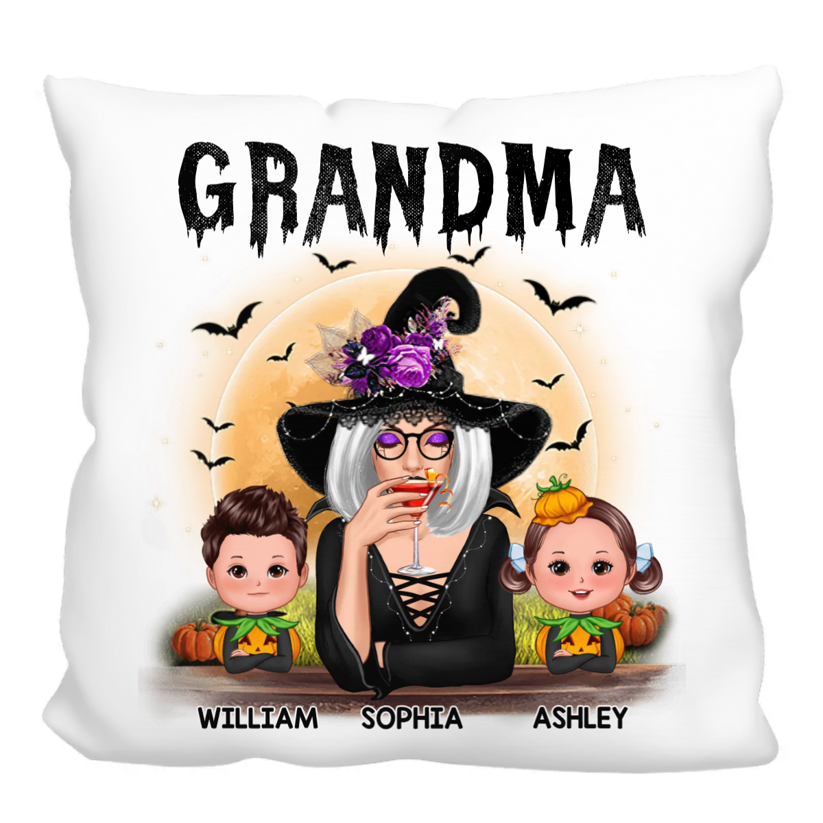 Grandma Mom Witch With GrandKids Halloween Personalized Custom Polyester Linen Pillow