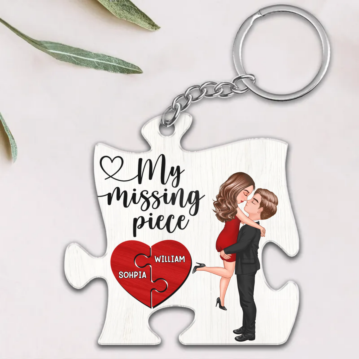 My Missing Piece Couple Hugging Kissing Valentine‘s Day Gift Puzzle Shaped Personalized Acrylic Keychain