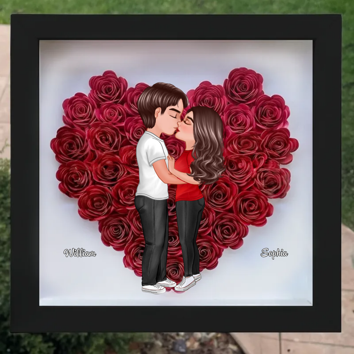 Doll Couple Hugging Kissing Personalized Custom Heart Rose Shadow Box