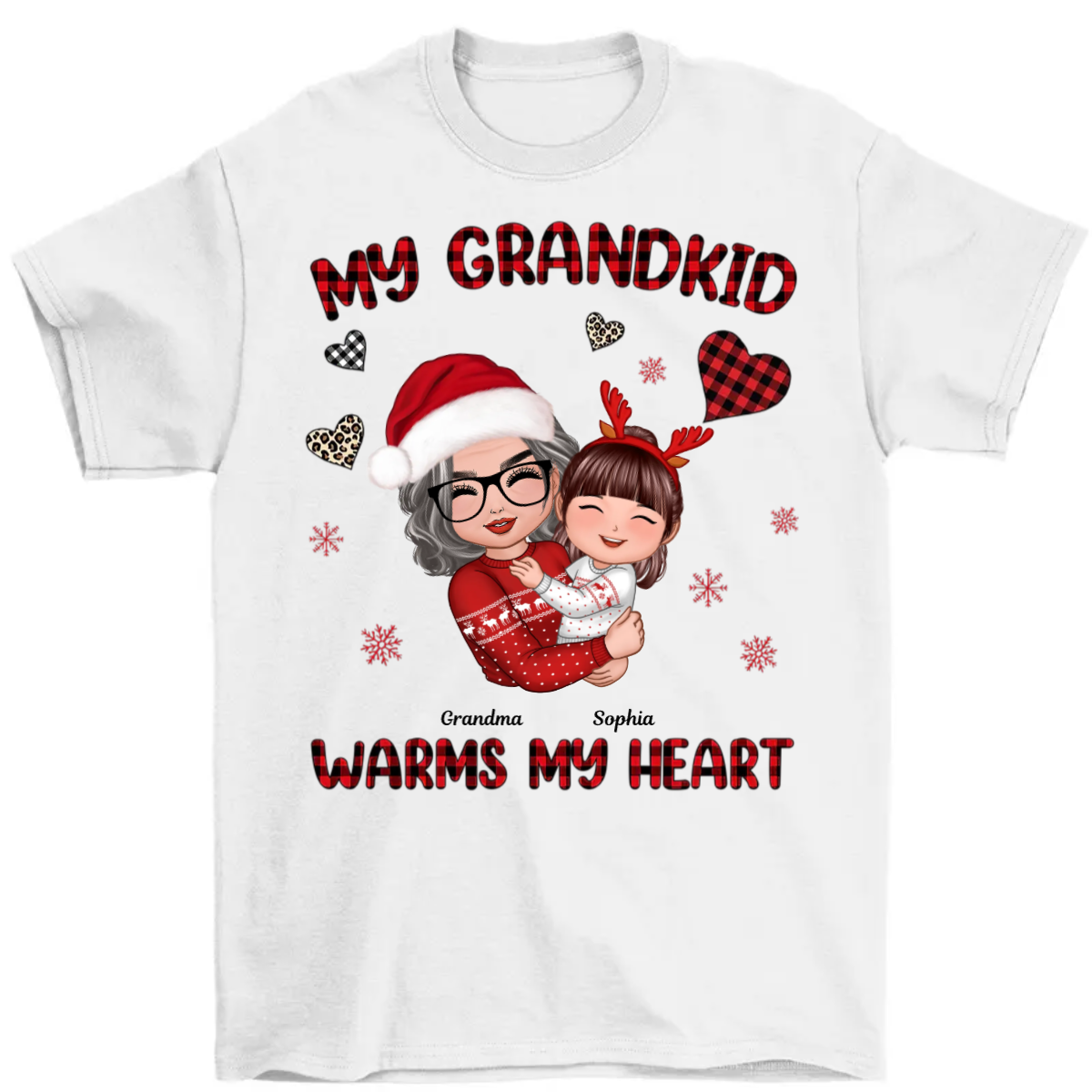 Christmas Patterns Hearts Doll Grandma Hugging Kid My Grandkids Warm My Heart Personalized Shirt