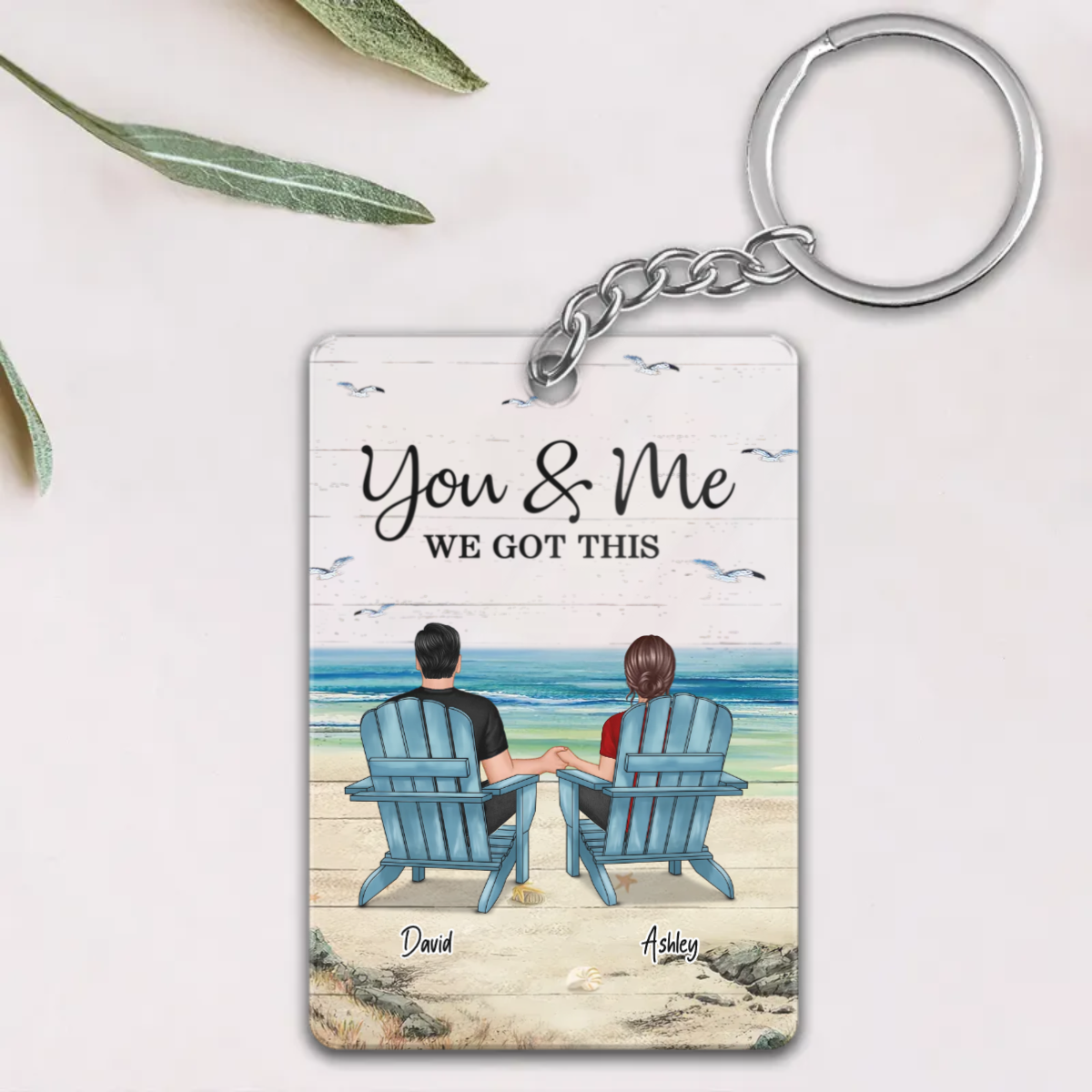 Back View Couple Sitting Beach Landscape Personalized Acrylic Keychain