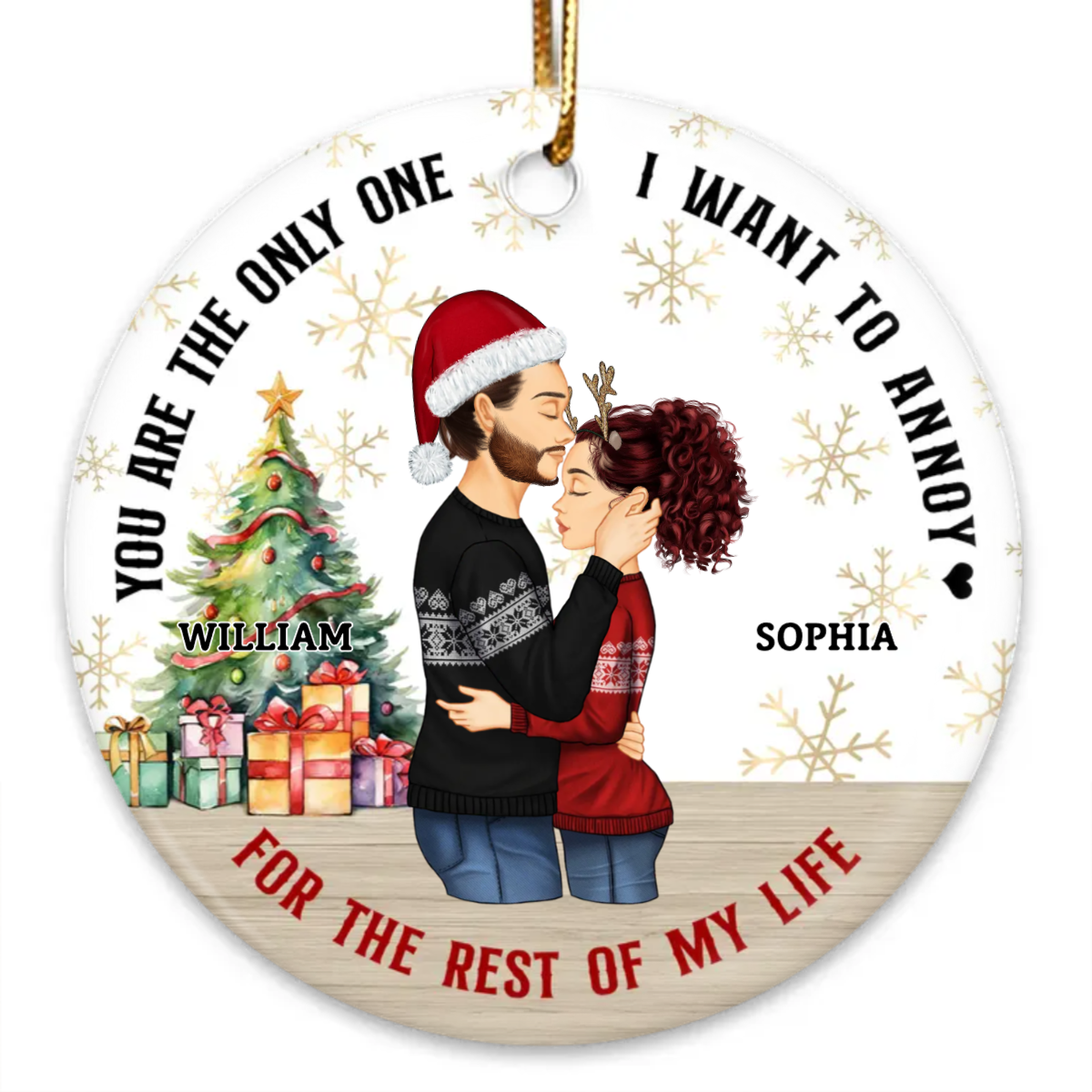 Couple Kissing Christmas Snowflake Background Personalized Circle Ornament