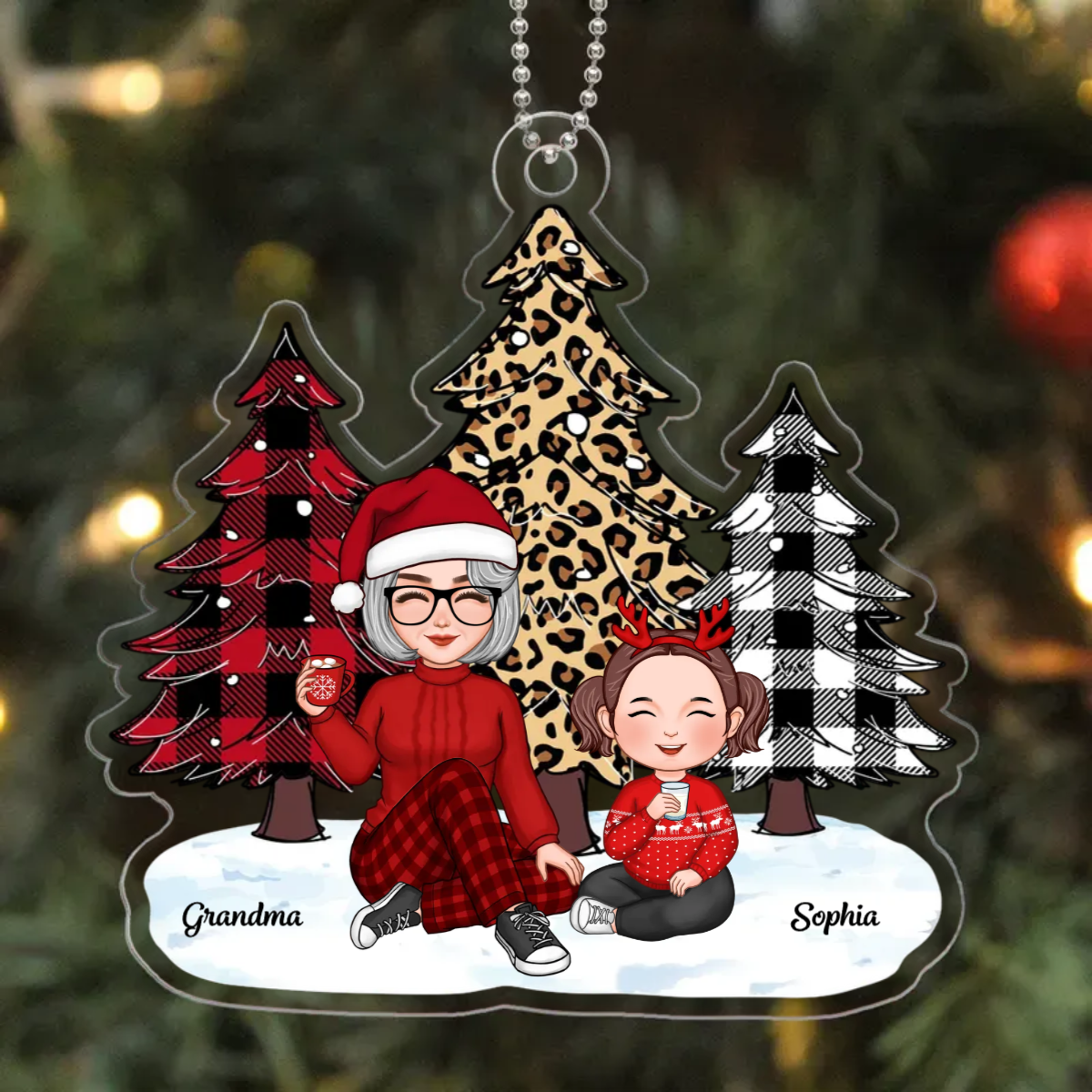 Leopard Checkered Pattern Christmas Tree Grandma & Grandkid Personalized Acrylic Ornament