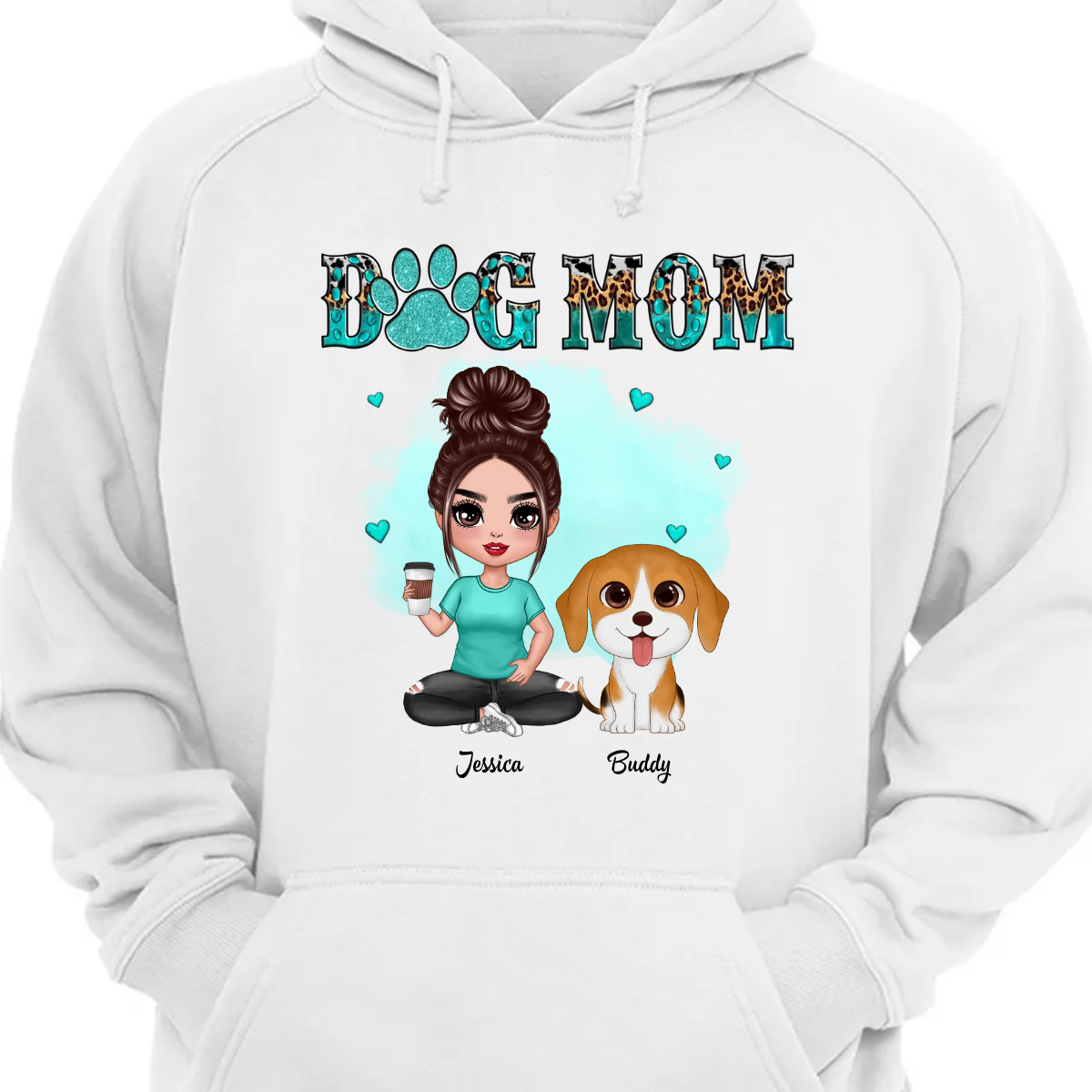 Watercolor Cute Dogs Teal And Leopard Dog Mom Personalized Hoodie