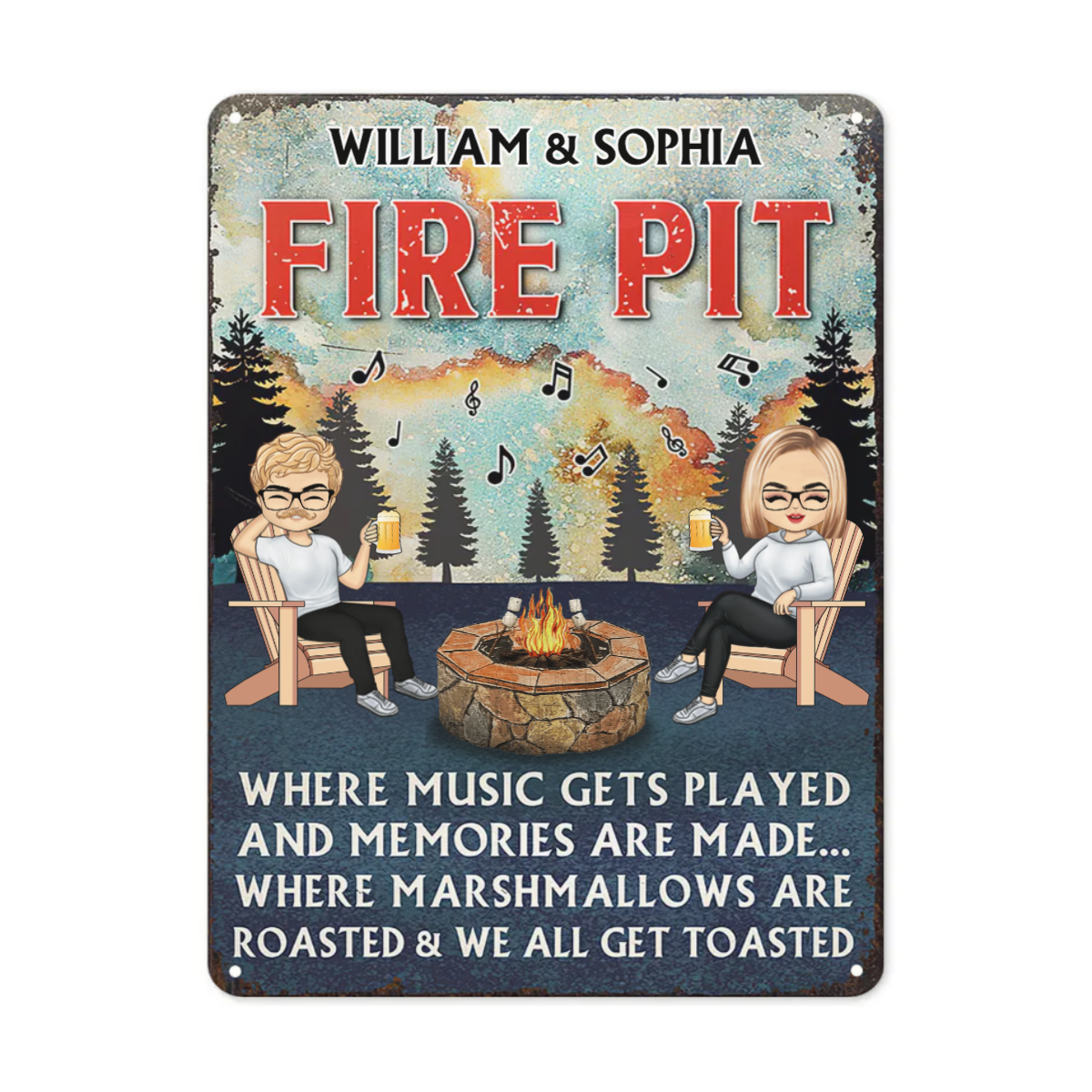 Where Music Gets Played And Memories Are Made Chibi Couple - Fire Pit Patio Garden Backyard Decoration - Personalized Custom Classic Metal Signs