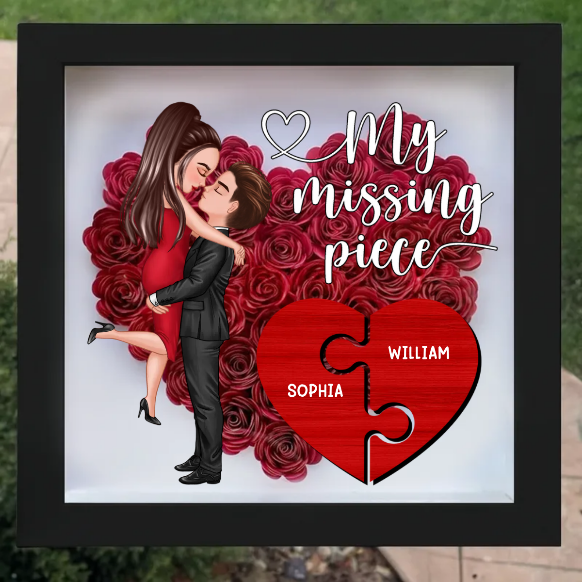 My Missing Piece Doll Couple Hugging Kissing Heart Piece Personalized Heart Rose Shadow Box