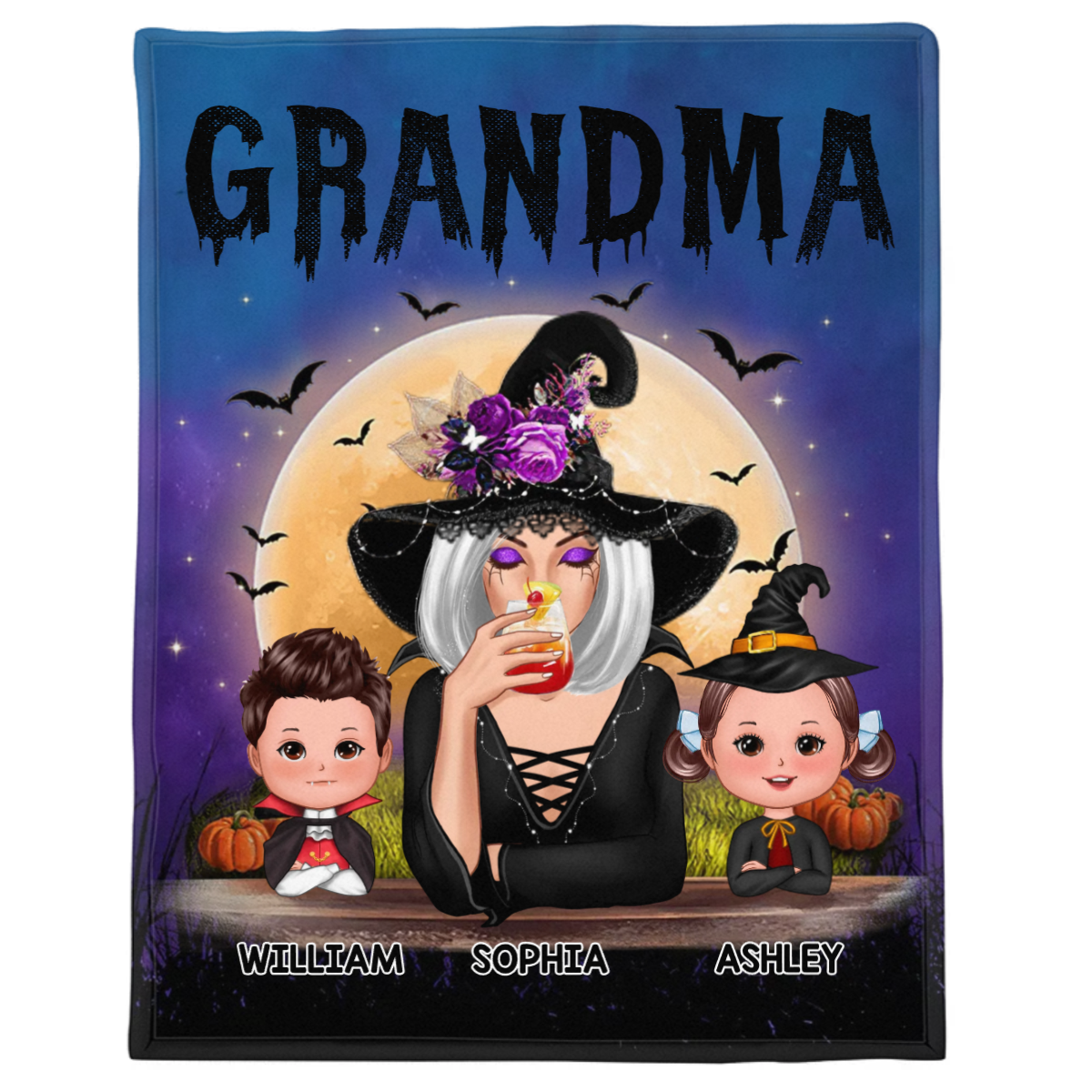 Grandma Mom Witch With GrandKids Halloween Personalized Custom Blanket