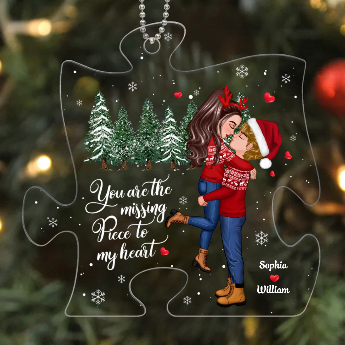 The Missing Piece To My Heart Christmas Winter Doll Couple Hugging Kissing Personalized Acrylic Ornament