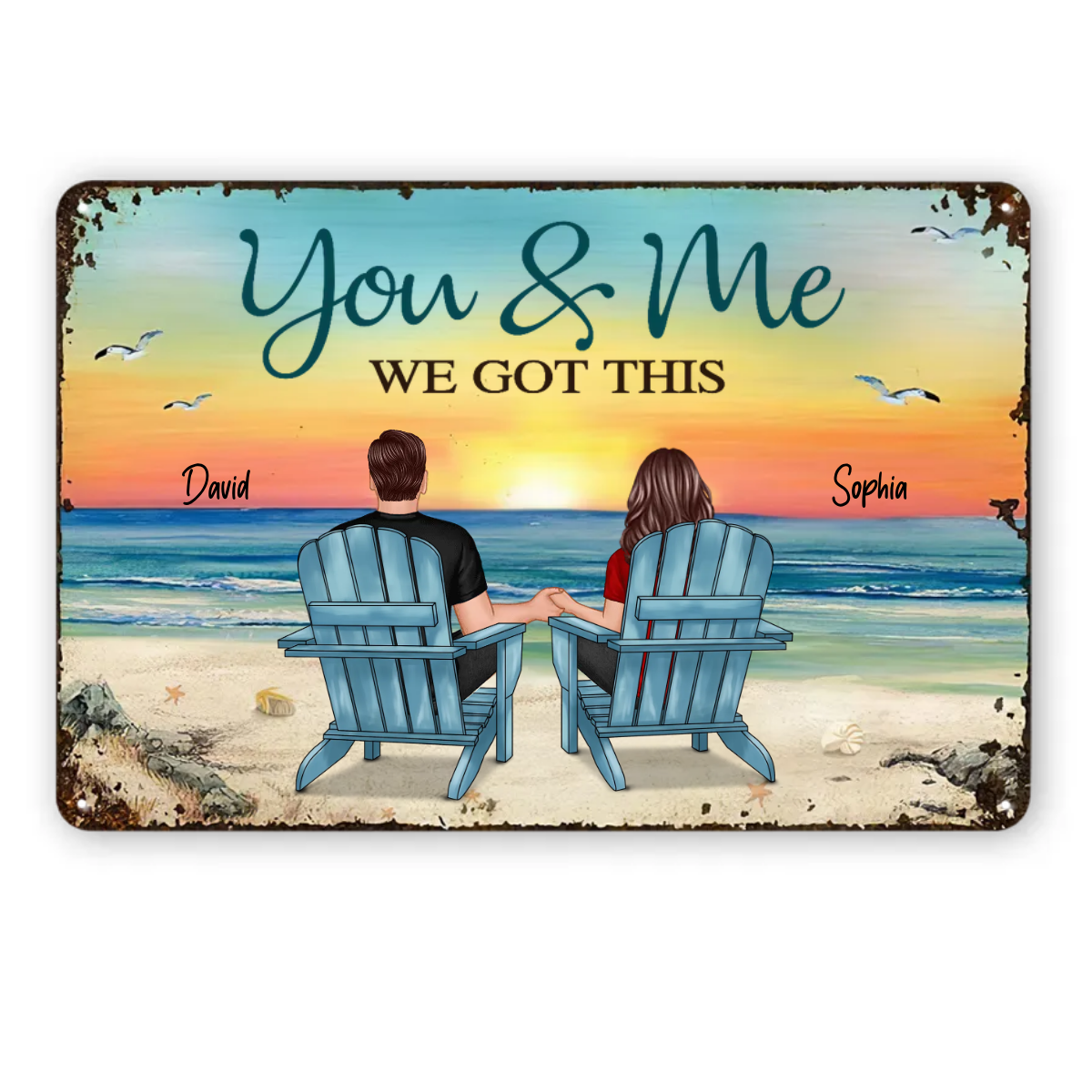 Back View Couple Sitting Beach Landscape You & Me We Got This Personalized Horizontal Metal Signs