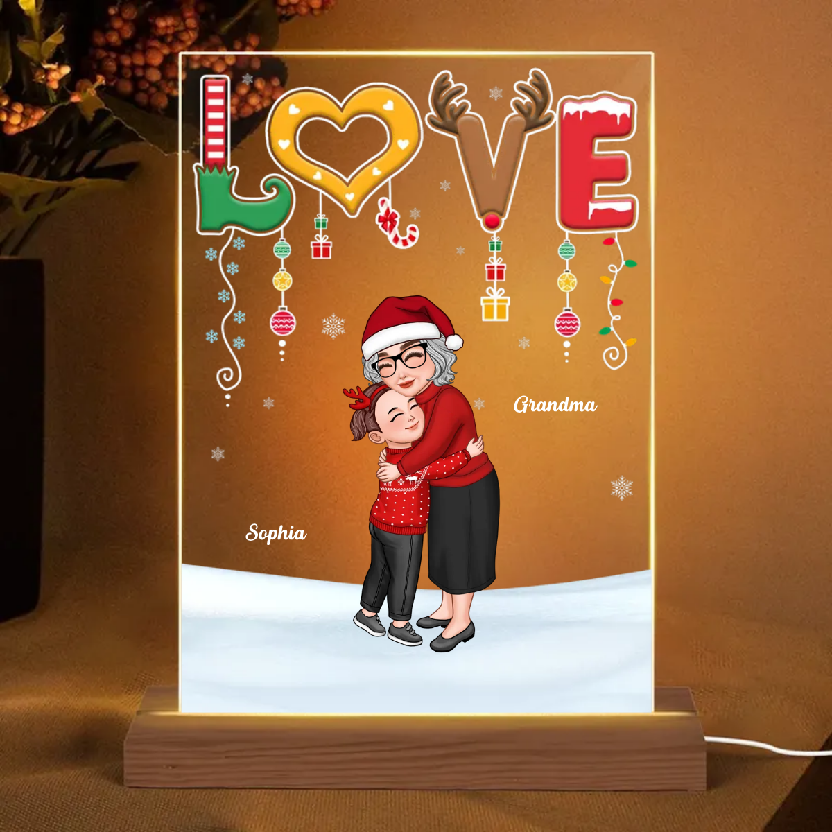 LOVE Happy Christmas Doll Grandma Mom With Kid Personalized LED Night Light