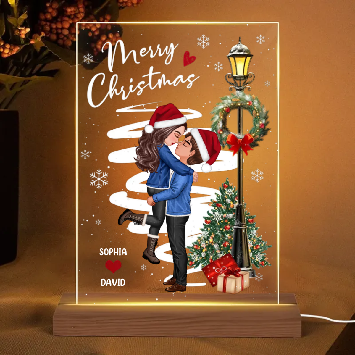 Winter Couple Hugging Kissing Snow Personalized Rectangle Acrylic LED Night Light