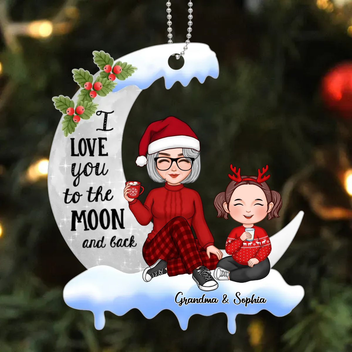 Cute Grandma Grandkids On Christmas Moon Personalized Acrylic Ornament