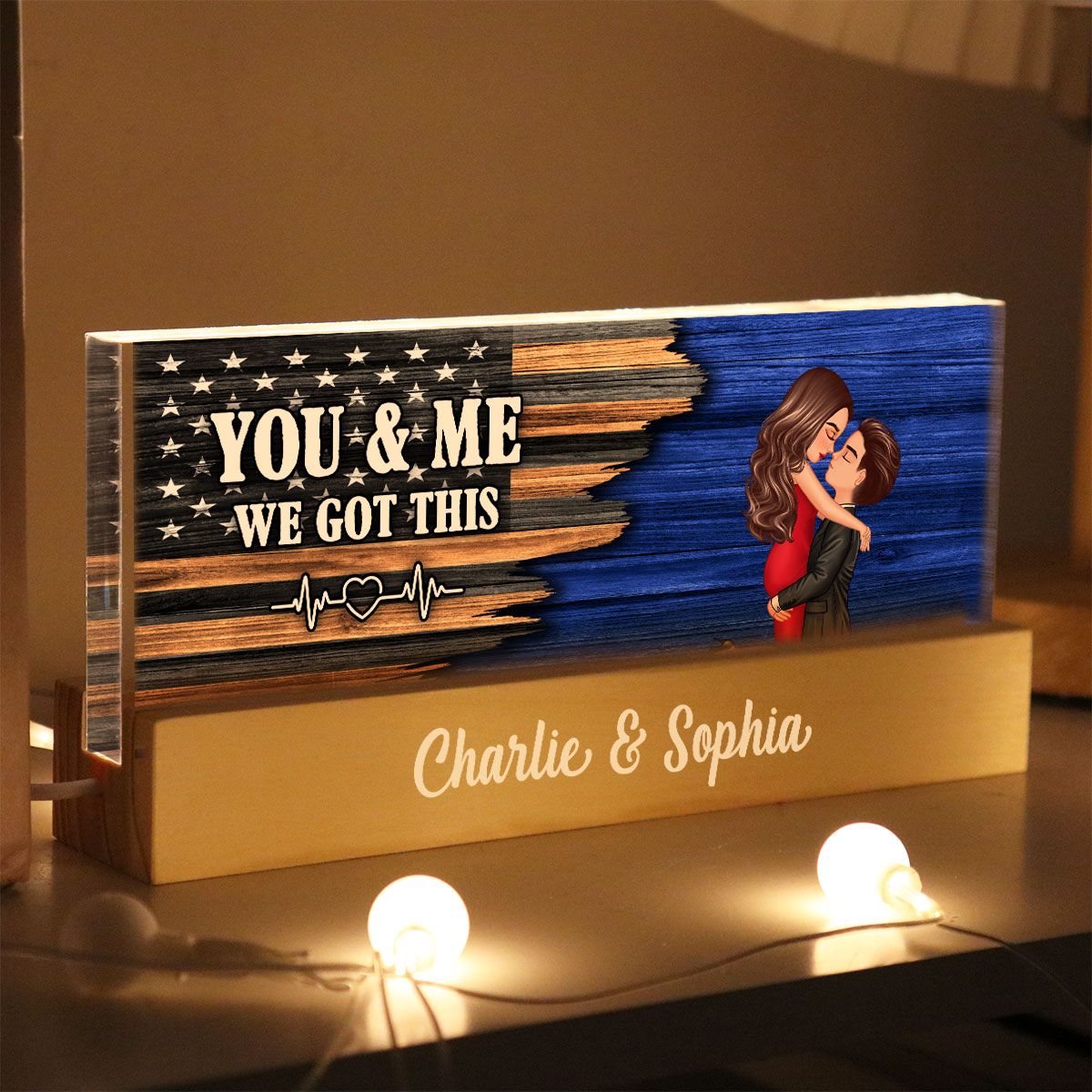 Hero Couple Hugging Kissing Half Flag Valentine's Day Gift by Occupation Personalized Acrylic Block LED Night Light