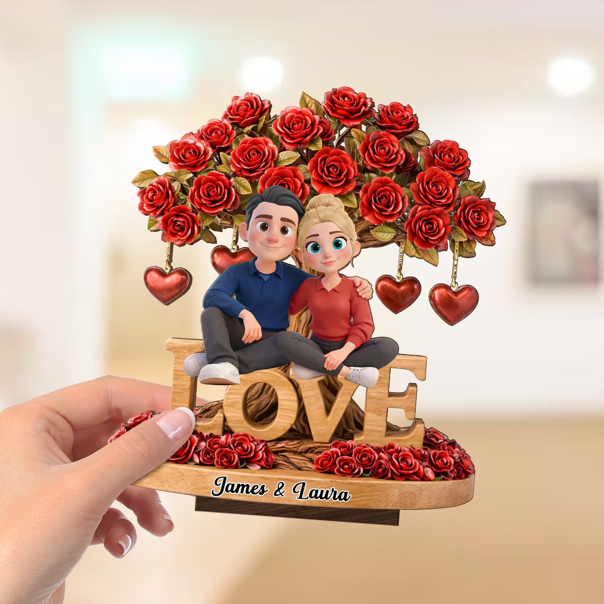 Couple Love Rose Tree Valentine's Day - Personalized 2-Layered Wooden Plaque - Sentimental Gift for Her, for Him