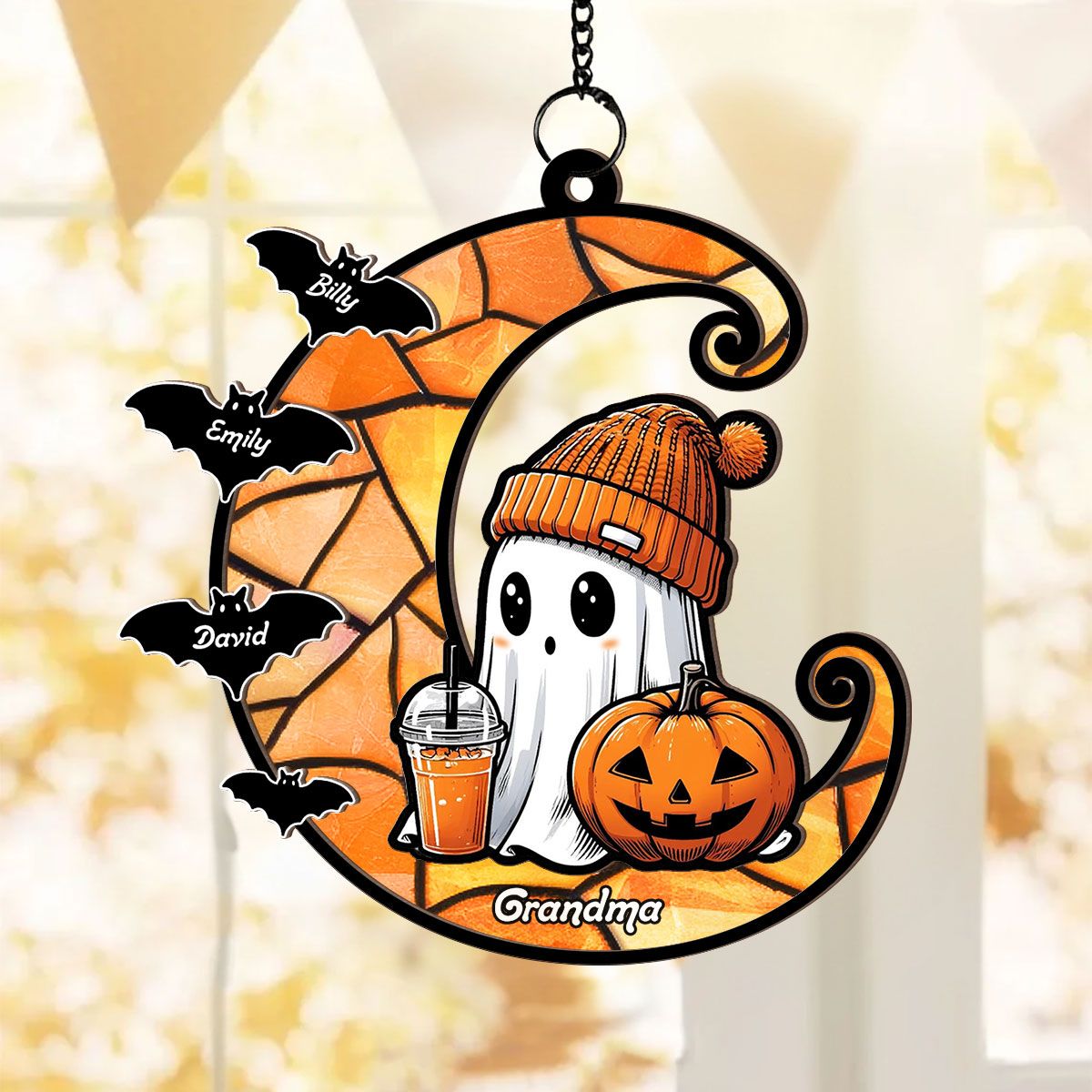 Halloween Grandma Boo & Bats Kids On Moon Personalized Suncatcher, Gift For Grandma