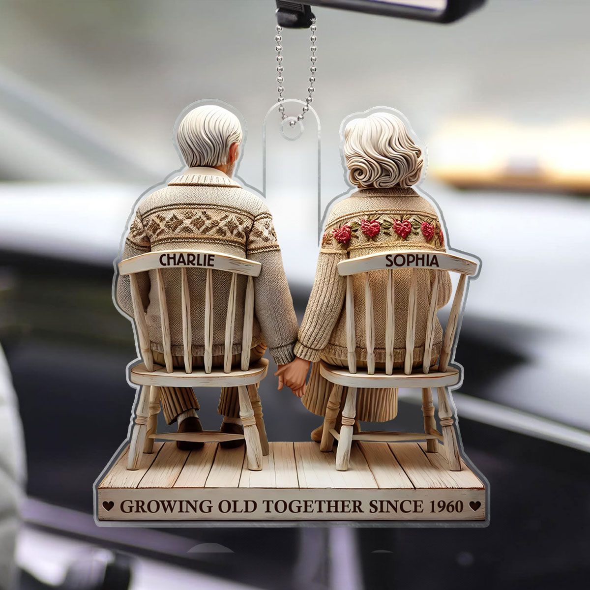 Couple Sitting Holding Hands Growing Old Together Personalized Acrylic Car Hanger Ornament, Heartfelt Valentine's Day Gift For Couple, For Him, For Her, Husband, Wife