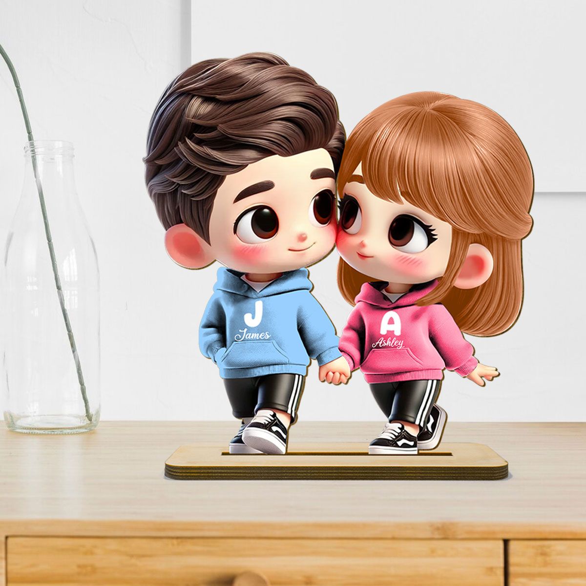 Cute Cartoon Couple Holding Hands Personalized Standing Wooden Plaque, Anniversary & Valentine's Day Gift for him, Gift for her