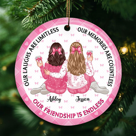 Our Friendship Is Endless Besties Back View Coquette Theme Personalized Ceramic Ornament