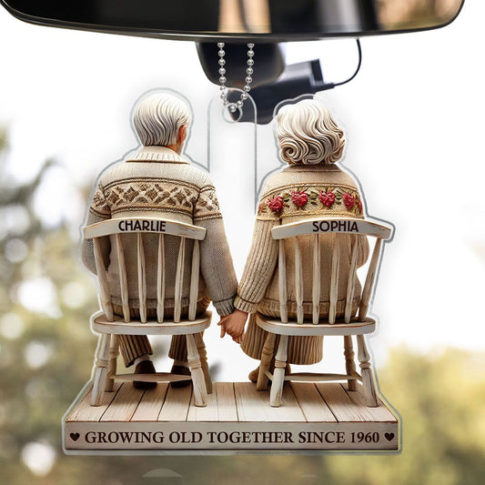 Couple Sitting Holding Hands Growing Old Together Personalized Acrylic Car Hanger Ornament, Heartfelt Valentine's Day Gift For Couple, For Him, For Her, Husband, Wife