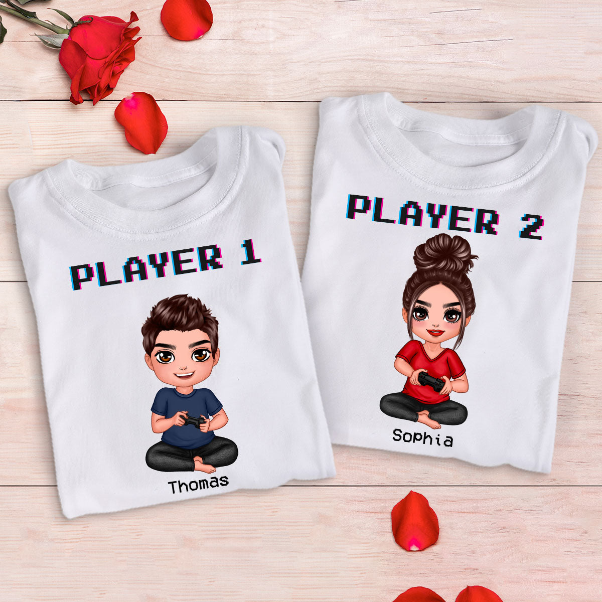 Couple Gaming Player 1 Player 2 Valentine‘s Day Personalized Matching Shirts