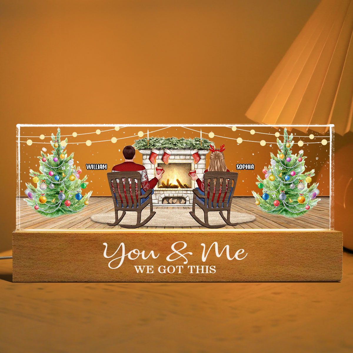 Christmas Couple Backview Fireplace Personalized Acrylic Block LED Night Light, Christmas Gift for Couples