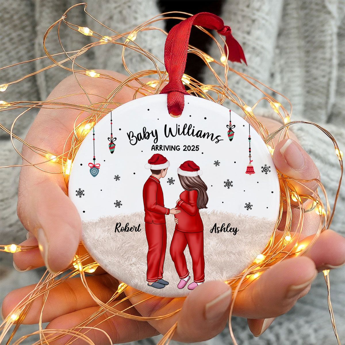 Personalized Pregnancy Ornament, Expecting Family Christmas Personalized Circle Ceramic Ornament, New Mom Christmas Gift