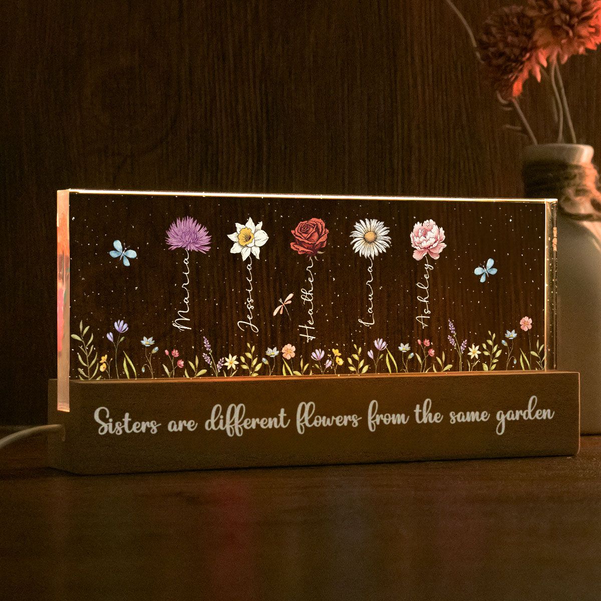 Sisters Besties Are Different Flowers From The Same Garden Personalized Acrylic Block LED Night Light