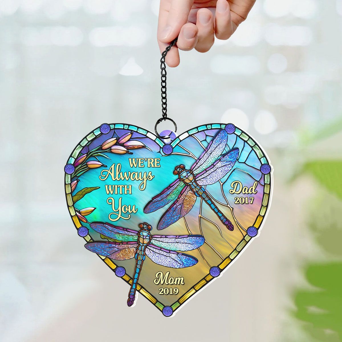 Heart Dragonfly Memorial Personalized Window Hanging Suncatcher Ornament, Sympathy Gift For Loved Ones