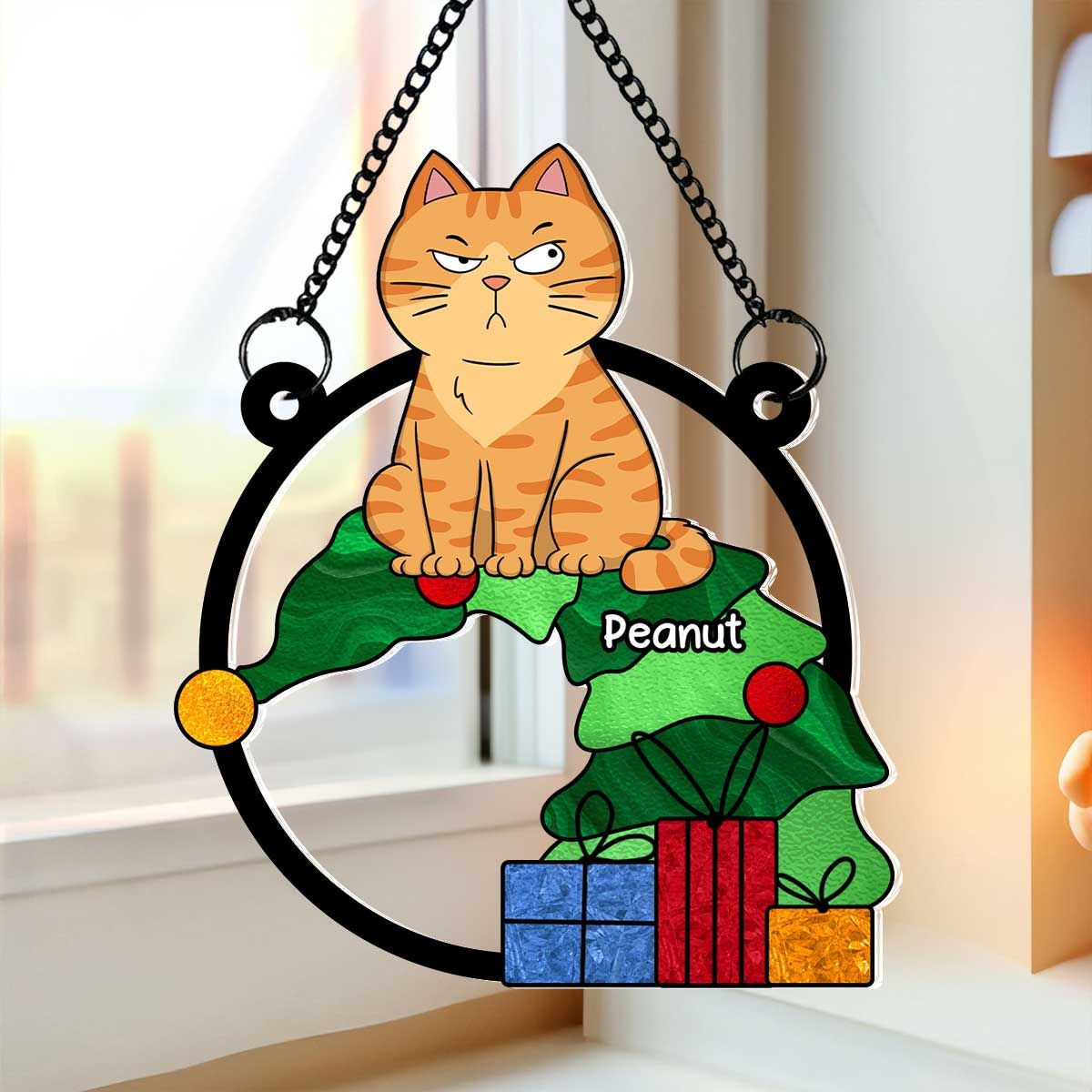 Funny Naughty Cat On Falling Christmas Tree Personalized Suncatcher, Christmas Decoration