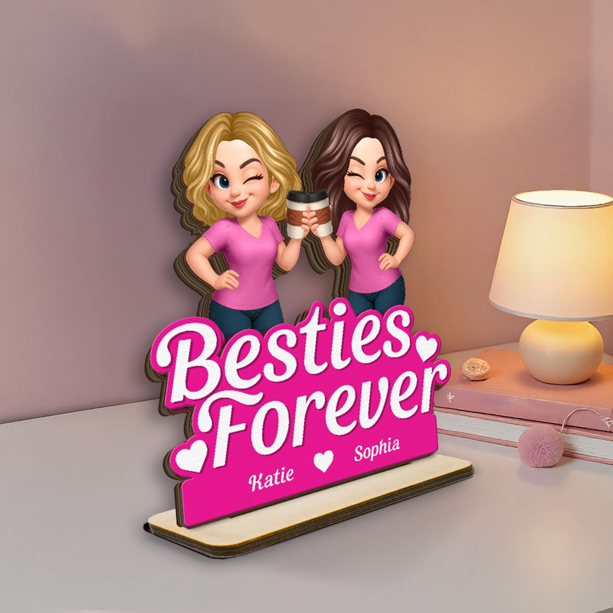 Beautiful Besties Pink Tone Personalized Flat 2-Layer Standing Wooden Plaque