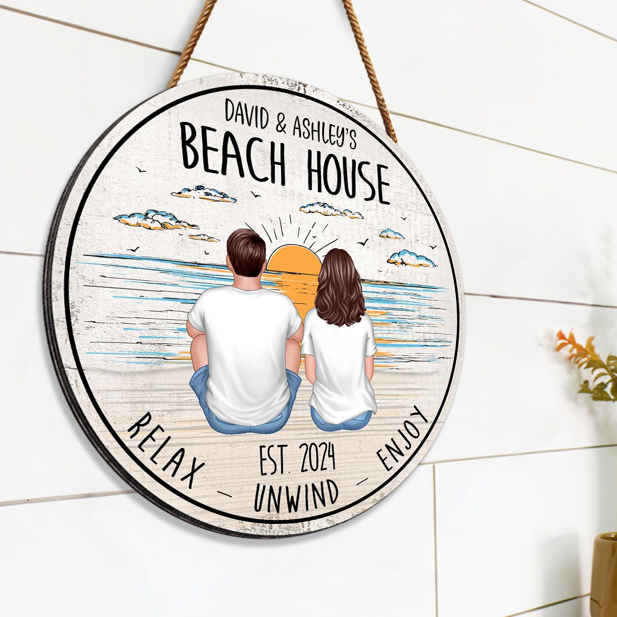 Couple Back View Beach Outline Background Personalized Wood Sign