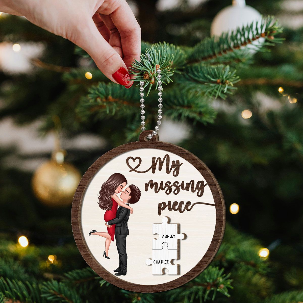 My Missing Piece Couple Hugging Kissing Personalized 2-Layer Wooden Ornament