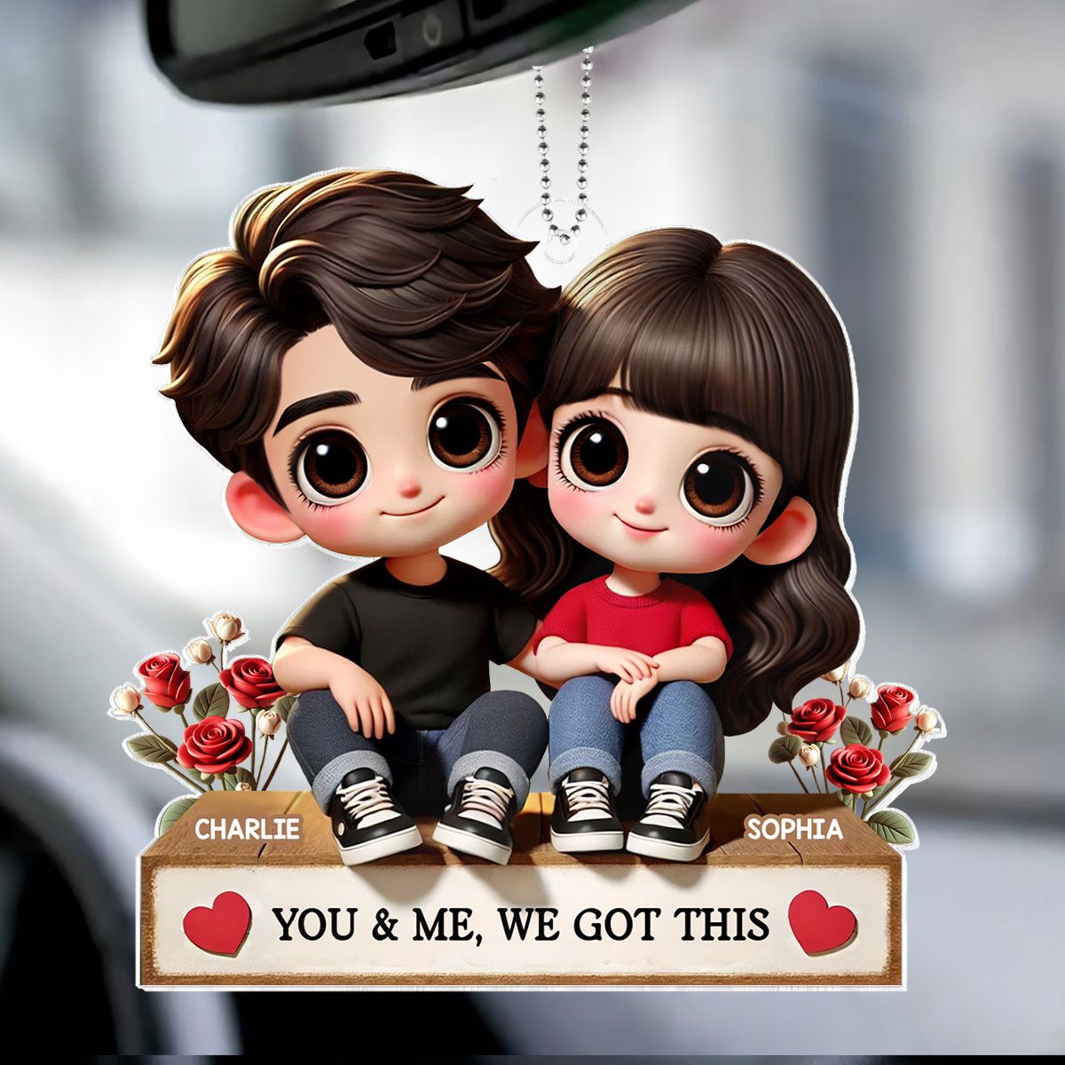 Cartoon Couple Sitting Next To Each Other Personalized Acrylic Car Hanger, Anniversary Valentine's Day Gift for him, Gift for her