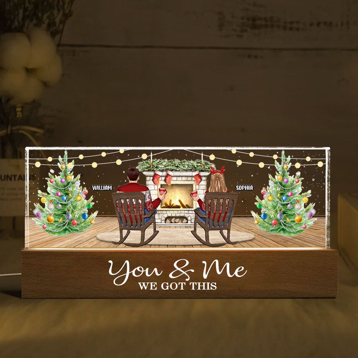 Christmas Couple Backview Fireplace Personalized Acrylic Block LED Night Light, Christmas Gift for Couples