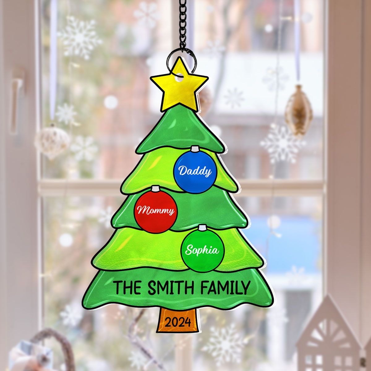 Family Christmas Tree with Jingle Bells Personalized Suncatcher, Christmas Stained Glass Decor