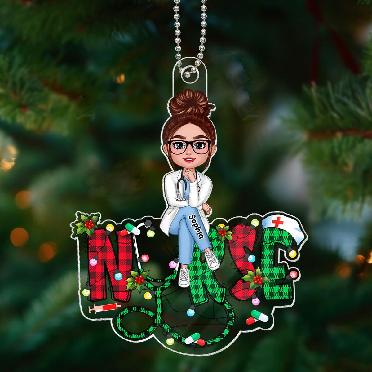 Sitting Nurse Christmas Pattern Personalized Acrylic Ornament, Christmas Gift For Nurses