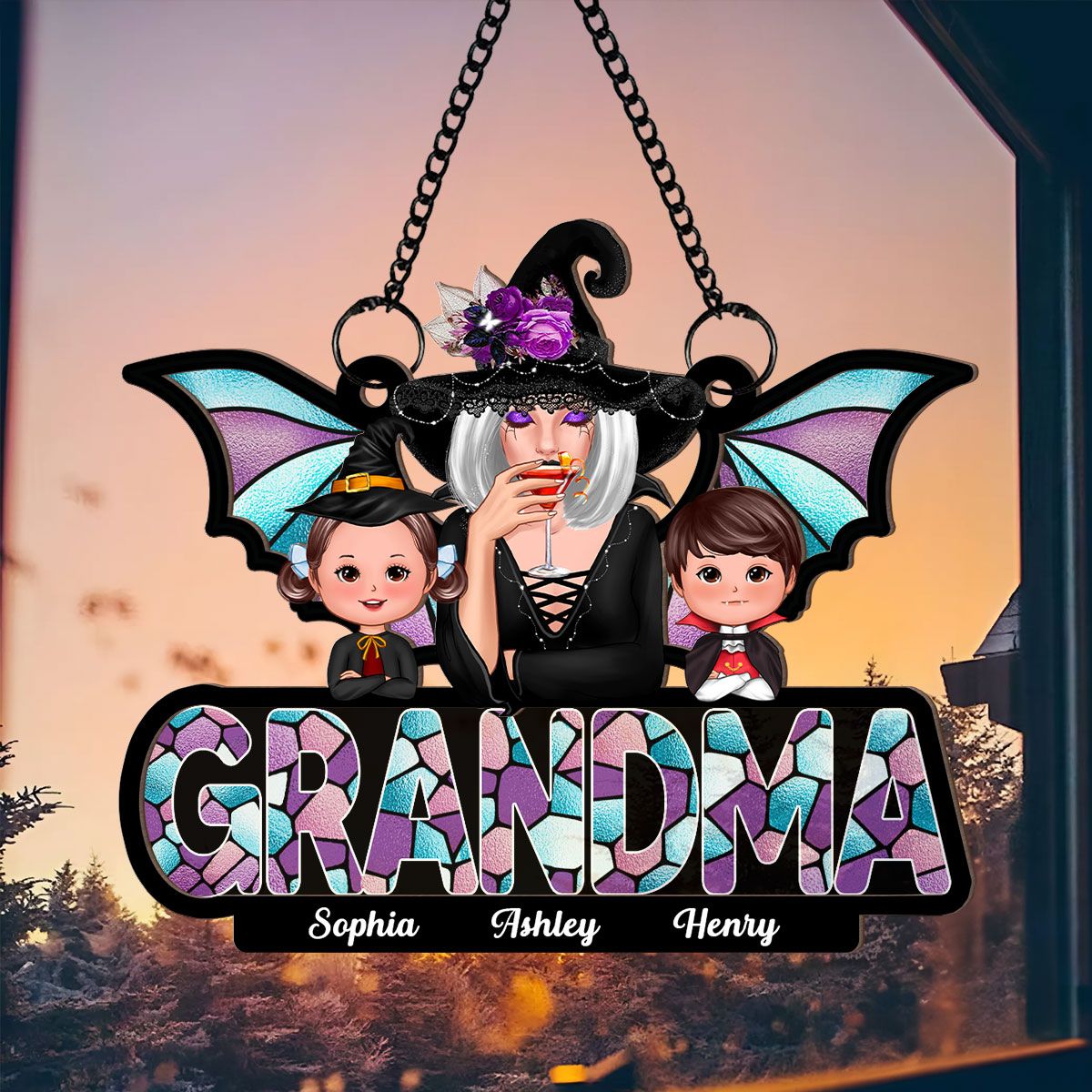 Halloween Grandma And Grandkids On Text Personalized Suncatcher