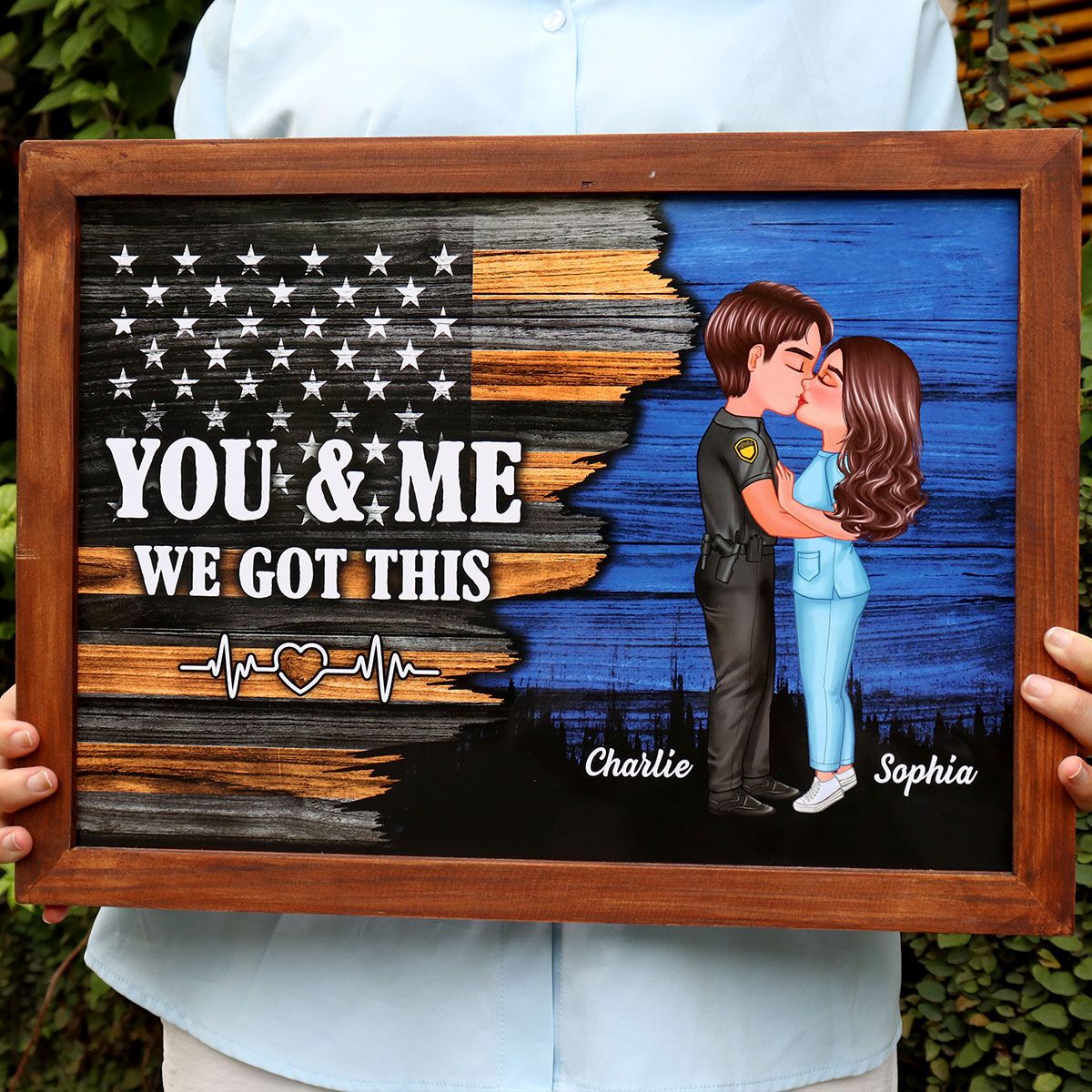 Hero Couple Kissing Half Flag Gifts by Occupation Firefighter, Nurse, Police Officer Personalized Horizontal Poster